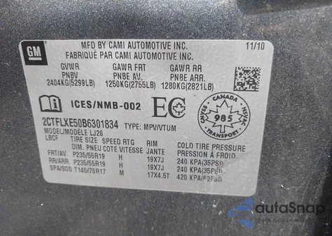 2011 GMC Terrain Slt из США, поврежденный, VIN 2CTFLXE50B6301834